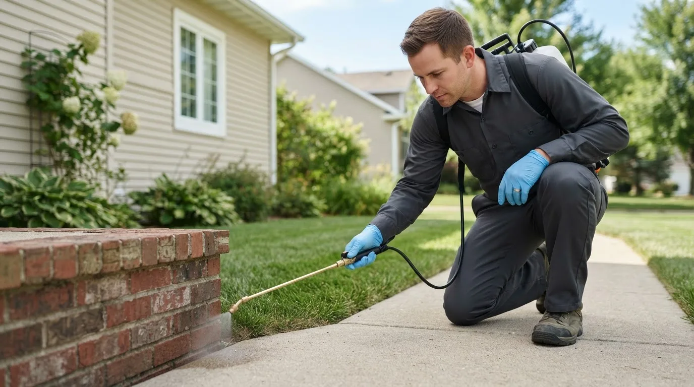 Pest control technician treating a home near East Bernstadt, KY